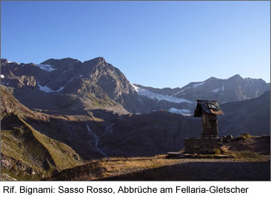 Rif. Bignami: Sasso Rosso, Abbrüche am Fellaria-Gletscher